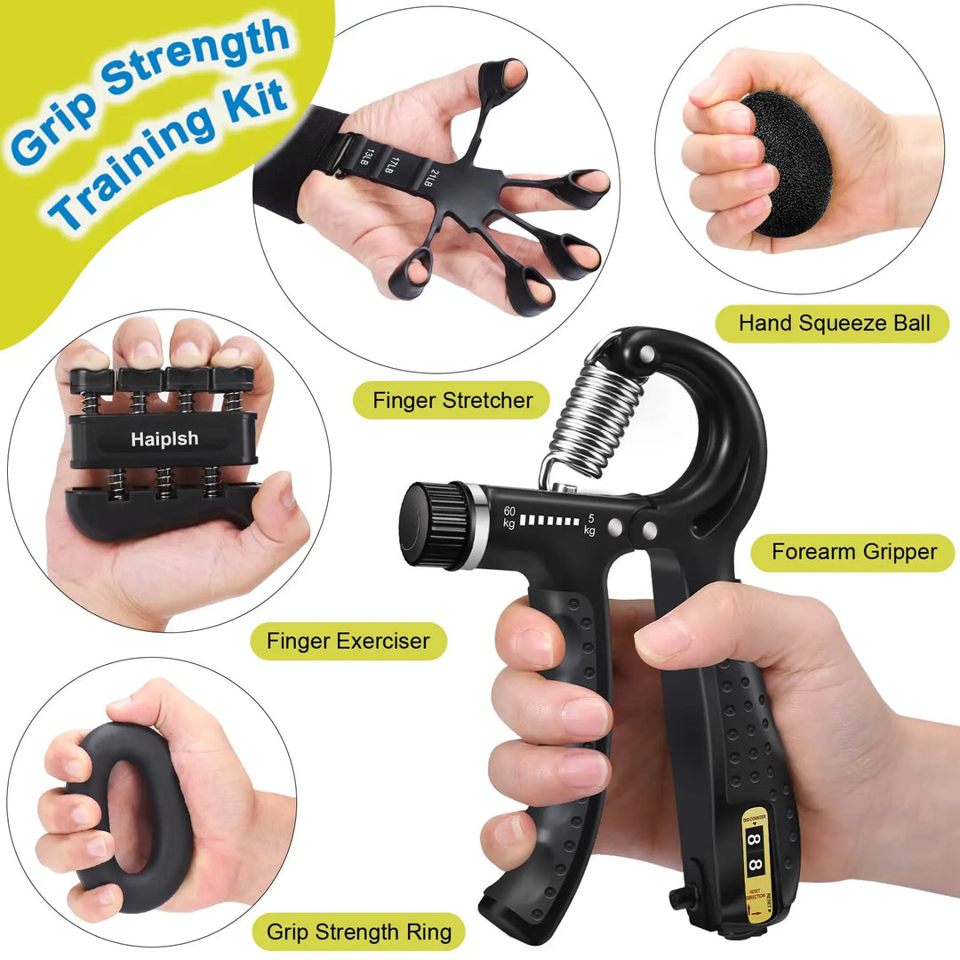 5-Pack Grip Trainer Kit: Finger/Hand Exercisers, Hand Gripper, Stress Ball & Forearm Ring for Muscle Build & Injury Recov