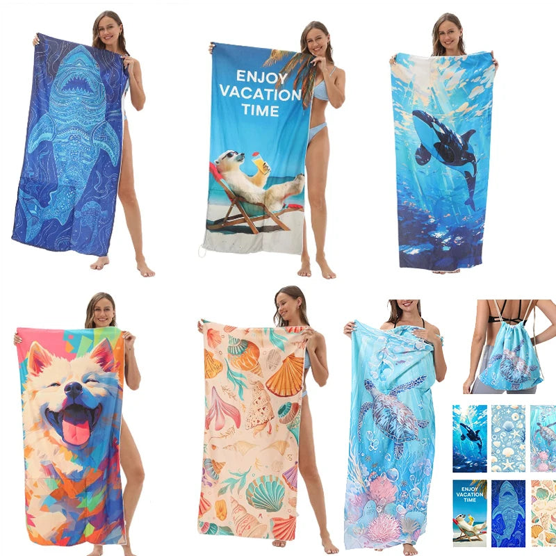 Large Microfiber Lightweight Beach Towel Portable Storage Backpack Sports and Fitness Printed Towel Bath Toweldropshipping drops